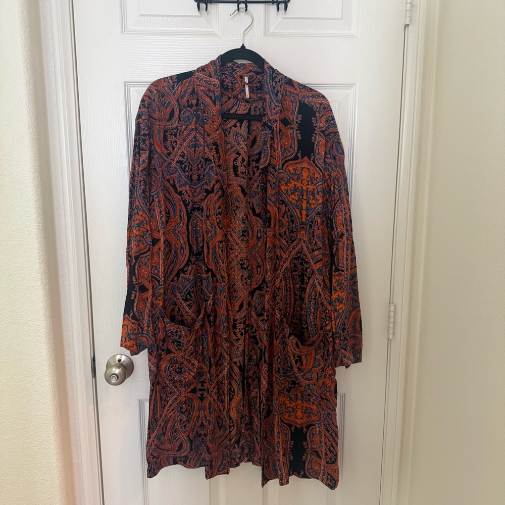 Free People Orange and Black Paisley Trench Coat